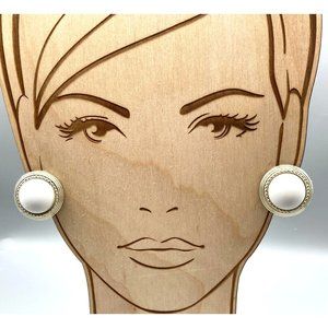 Elegant White Lucite Button Earrings with Gold Tone Frames, Vintage Chic Clip On